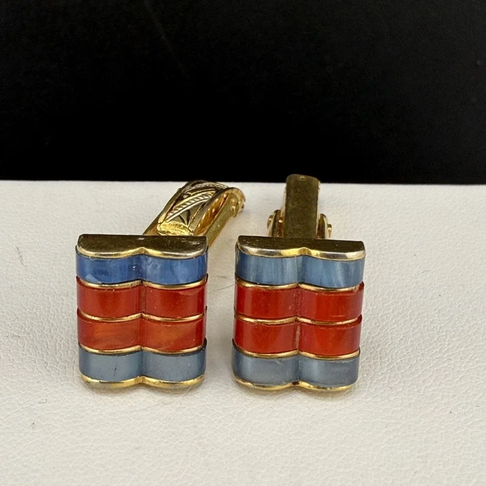 Vintage Thermoset Cufflinks‎ Gold Tone Patriotic Red Blue